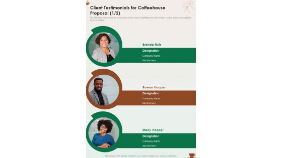 Client Testimonials For Coffeehouse Proposal One Pager Sample Example Document