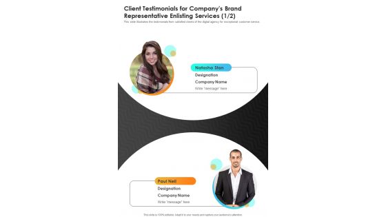 Client Testimonials For Companys Brand Representative One Pager Sample Example Document