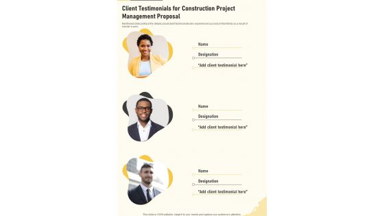 Client Testimonials For Construction Project Management One Pager Sample Example Document