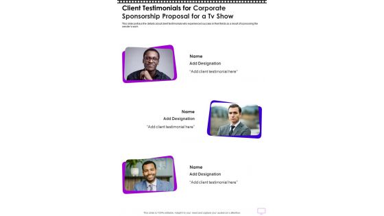 Client Testimonials For Corporate Sponsorship For A Tv Show One Pager Sample Example Document