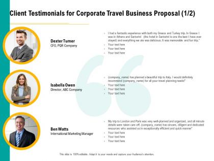 Client testimonials for corporate travel business proposal planning ppt file display