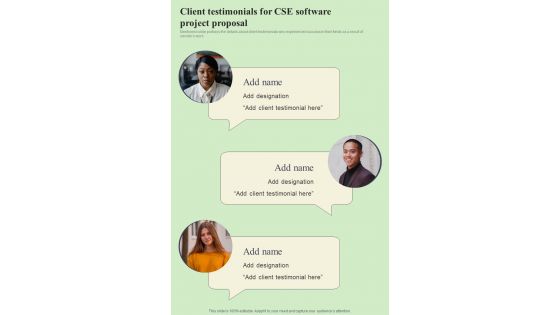 Client Testimonials For Cse Software Project Proposal One Pager Sample Example Document