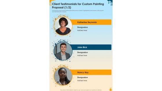 Client Testimonials For Custom Painting Proposal One Pager Sample Example Document