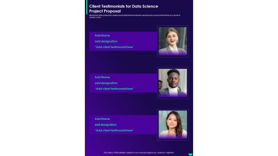 Client Testimonials For Data Science Project Proposal One Pager Sample Example Document