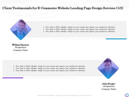 Client testimonials for e commerce website landing page design services editable ppt styles vector