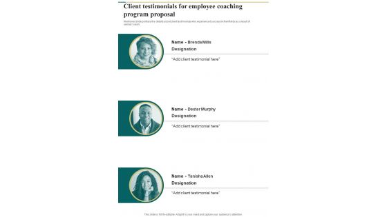 Client Testimonials For Employee Coaching Program Proposal One Pager Sample Example Document