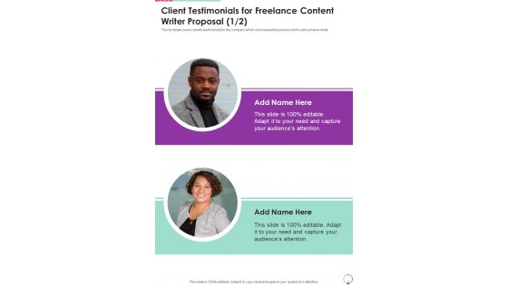 Client Testimonials For Freelance Content Writer One Pager Sample Example Document