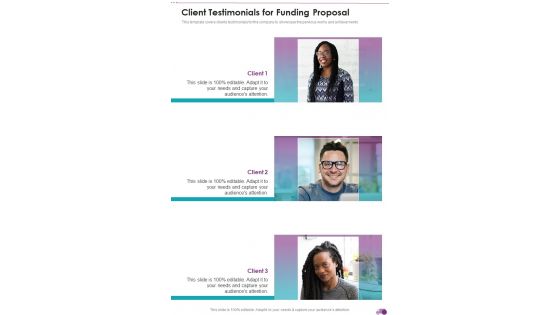Client Testimonials For Funding Proposal One Pager Sample Example Document