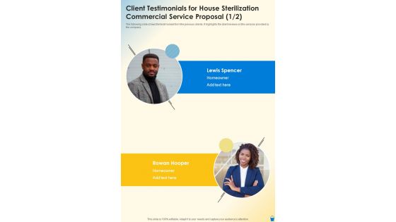 Client Testimonials For House Sterilization Commercial Service Proposal One Pager Sample Example Document