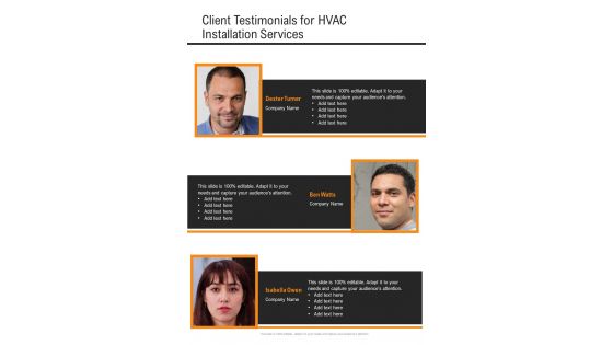 Client Testimonials For HVAC Installation Services One Pager Sample Example Document