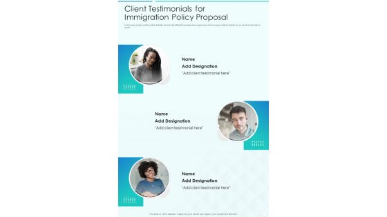 Client Testimonials For Immigration Policy Proposal One Pager Sample Example Document