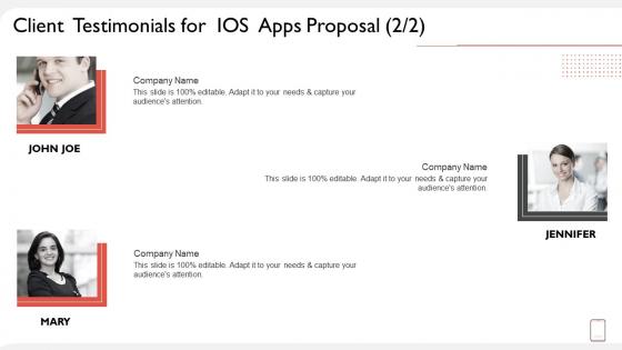 Client testimonials for ios apps proposal ppt slides maker
