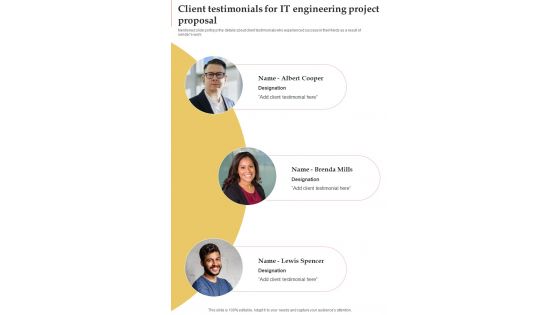 Client Testimonials For It Engineering Project Proposal One Pager Sample Example Document
