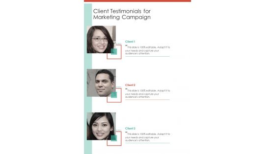 Client Testimonials For Marketing Campaign One Pager Sample Example Document