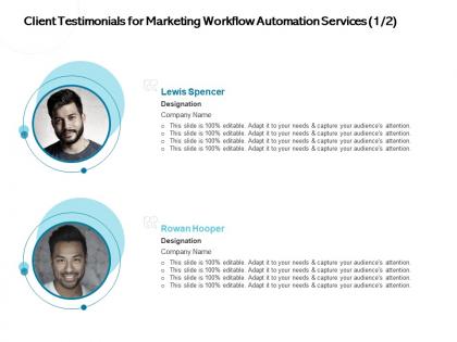 Client testimonials for marketing workflow automation services designation ppt presentation graphics