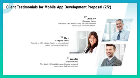 Client testimonials for mobile app development proposal ppt styles infographics