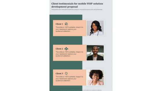 Client Testimonials For Mobile Voip Solution Development Proposal One Pager Sample Example Document