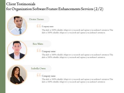 Client testimonials for organization software feature enhancements services l1746 ppt model