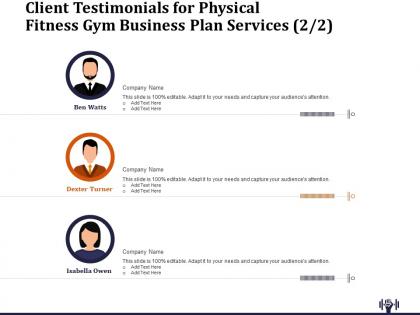 Client testimonials for physical fitness gym business plan services r363 ppt template