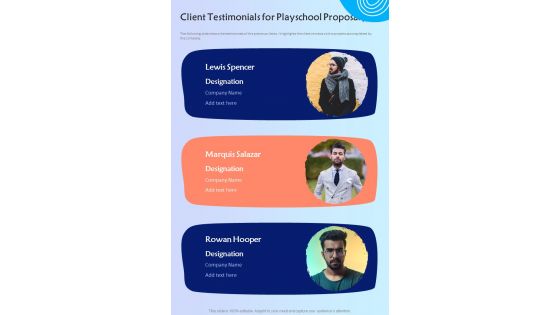 Client Testimonials For Playschool Proposal One Pager Sample Example Document
