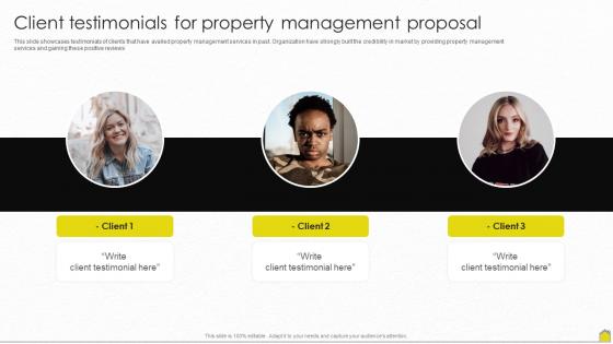 Client Testimonials For Property Management Proposal Ppt Powerpoint Presentation Styles Images