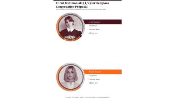 Client Testimonials For Religious Congregation Proposal One Pager Sample Example Document