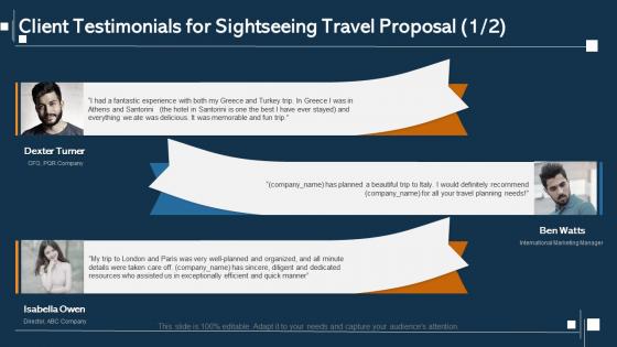 Client testimonials for sightseeing travel proposal ppt slides clipart