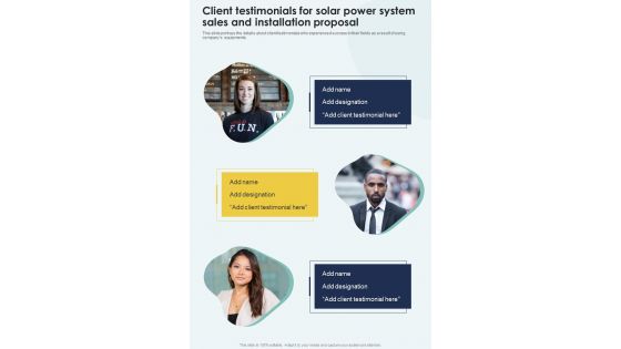 Client Testimonials For Solar Power System Sales One Pager Sample Example Document