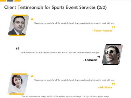 Client testimonials for sports event services ppt powerpoint presentation graphic