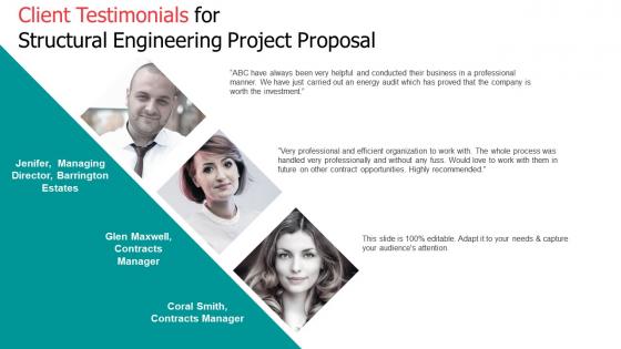 Client testimonials for structural engineering project proposal ppt slides designs download