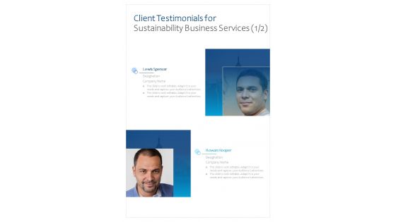 Client Testimonials For Sustainability Business Services One Pager Sample Example Document