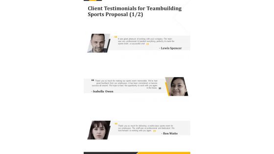 Client Testimonials For Teambuilding Sports Proposal One Pager Sample Example Document