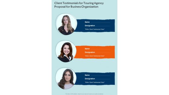 Client Testimonials For Touring Agency For Business Organization One Pager Sample Example Document