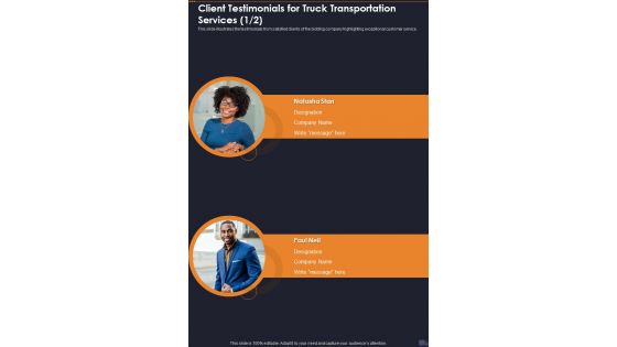 Client Testimonials For Truck Transportation Services One Pager Sample Example Document