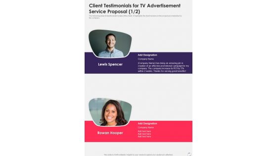 Client Testimonials For Tv Advertisement Service Proposal One Pager Sample Example Document