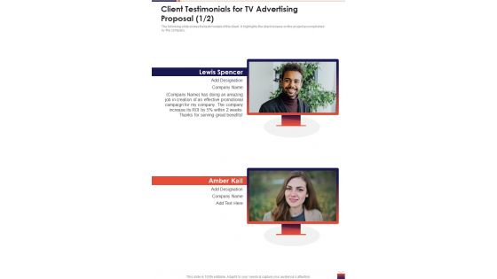 Client Testimonials For TV Advertising Proposal One Pager Sample Example Document