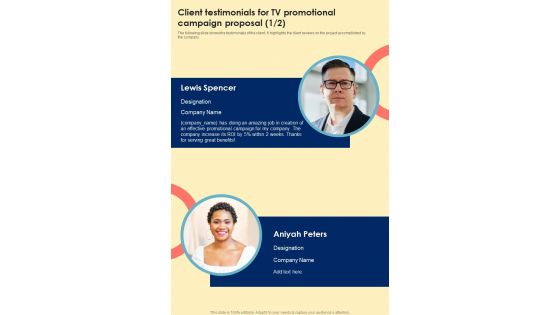 Client Testimonials For TV Promotional Campaign One Pager Sample Example Document