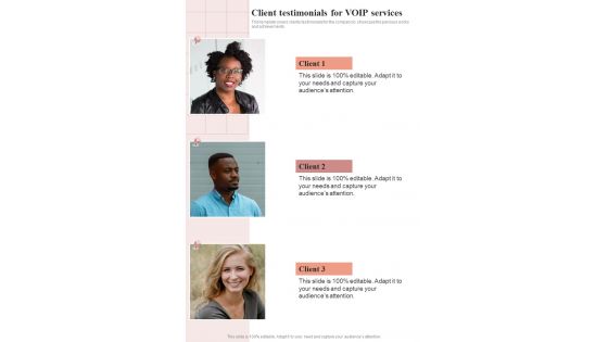 Client Testimonials For VOIP One Pager Sample Example Document