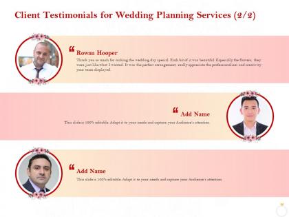 Client testimonials for wedding planning services ppt powerpoint presentation icon