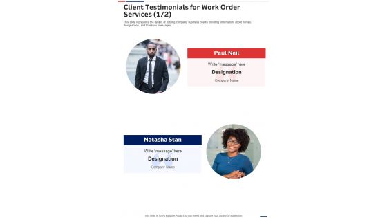 Client Testimonials For Work Order Services One Pager Sample Example Document