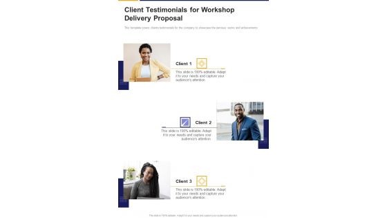 Client Testimonials For Workshop Delivery Proposal One Pager Sample Example Document