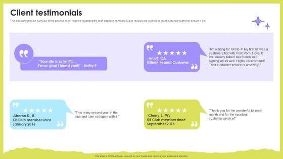 Client Testimonials Fun And Unique Craft Material Company Fund Raising Pitch Deck