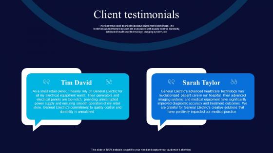 Client Testimonials General Electric Investor Funding Elevator Pitch Deck
