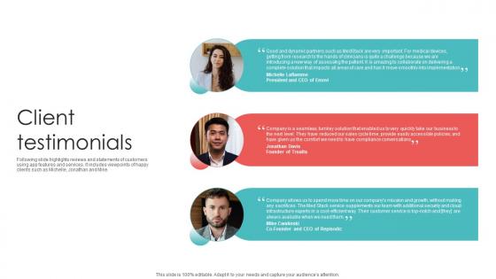 Client Testimonials Healthcare Application Funding Pitch Deck