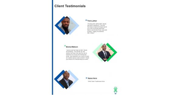 Client Testimonials Interior Design Consultation Proposal One Pager Sample Example Document