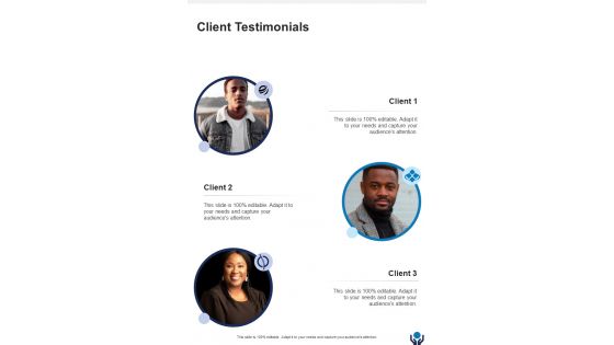 Client Testimonials Investment Advice Proposal One Pager Sample Example Document
