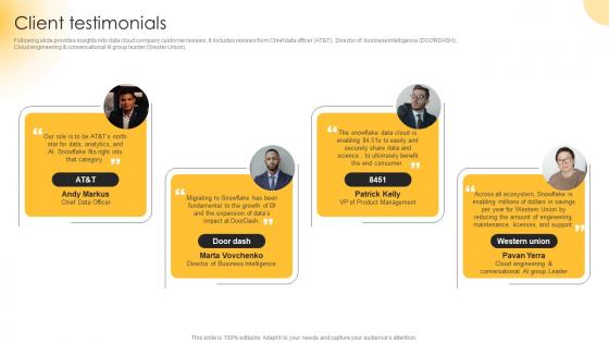 Client Testimonials Investment Fundraising Pitch Presentation For Data Engineering Company