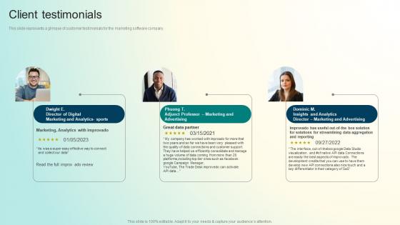 Client Testimonials Investor Funding Elevator Pitch Deck For Marketing Software Business
