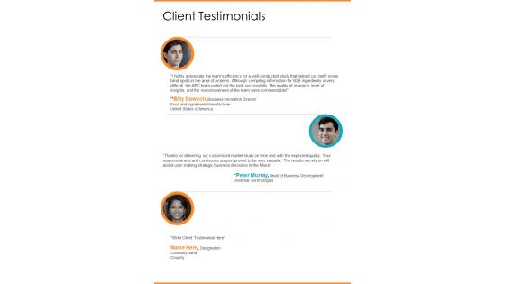 Client Testimonials Market Research Proposal Template One Pager Sample Example Document