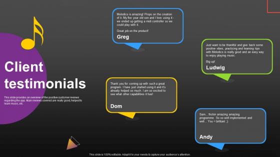 Client Testimonials Melodics Seed Investor Funding Elevator Pitch Deck